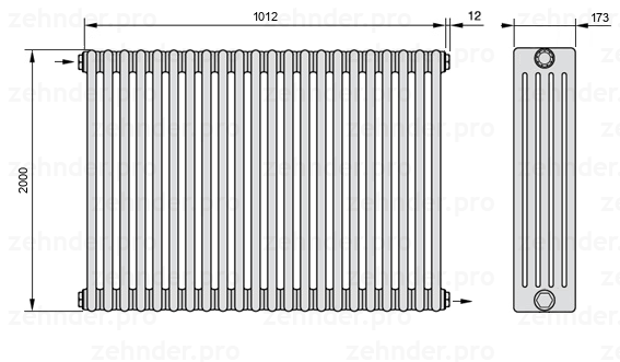 Схема (чертеж) Радиатор Zehnder Charleston 5200/22 №1670 Белый глянцевый RAL 9016